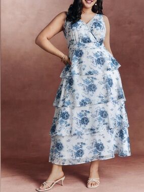V-Neck Tiered Floral Maxi Dress in White and Blue